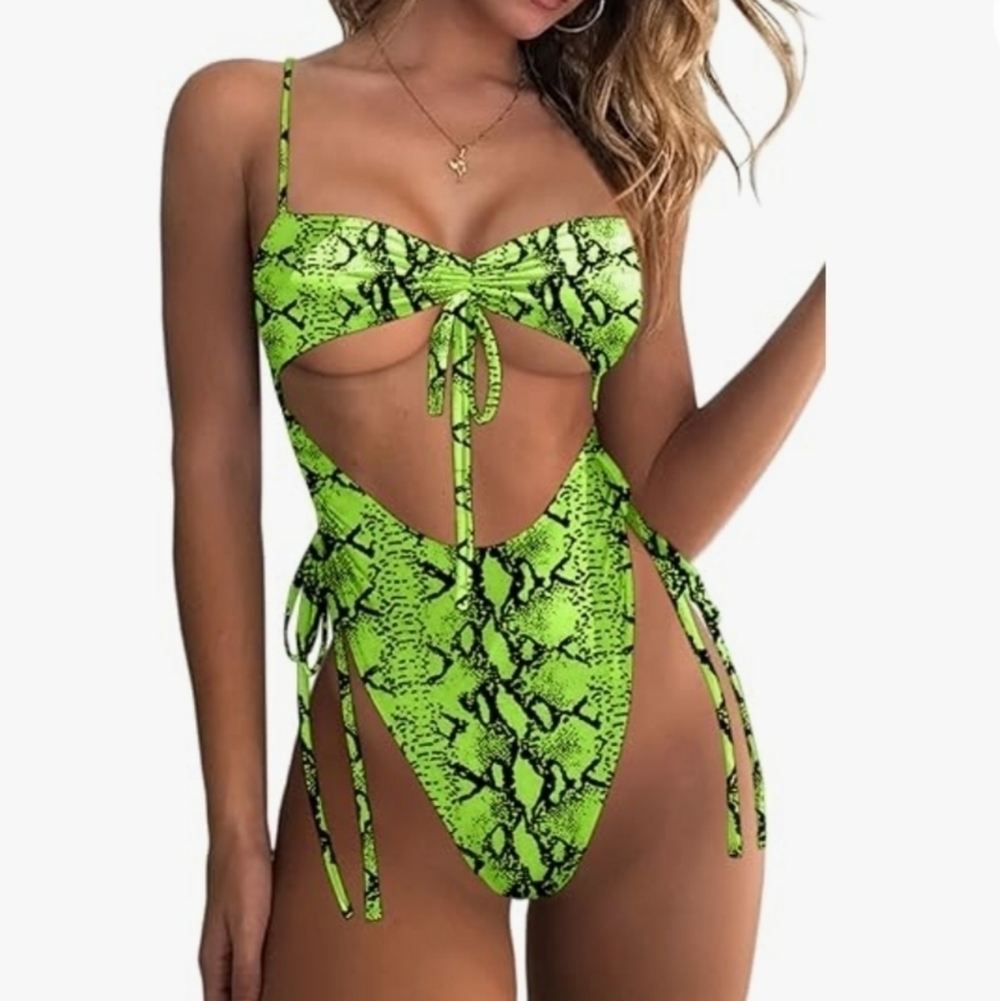 High Waist Thong Back One Piece Swimsuit Green Black